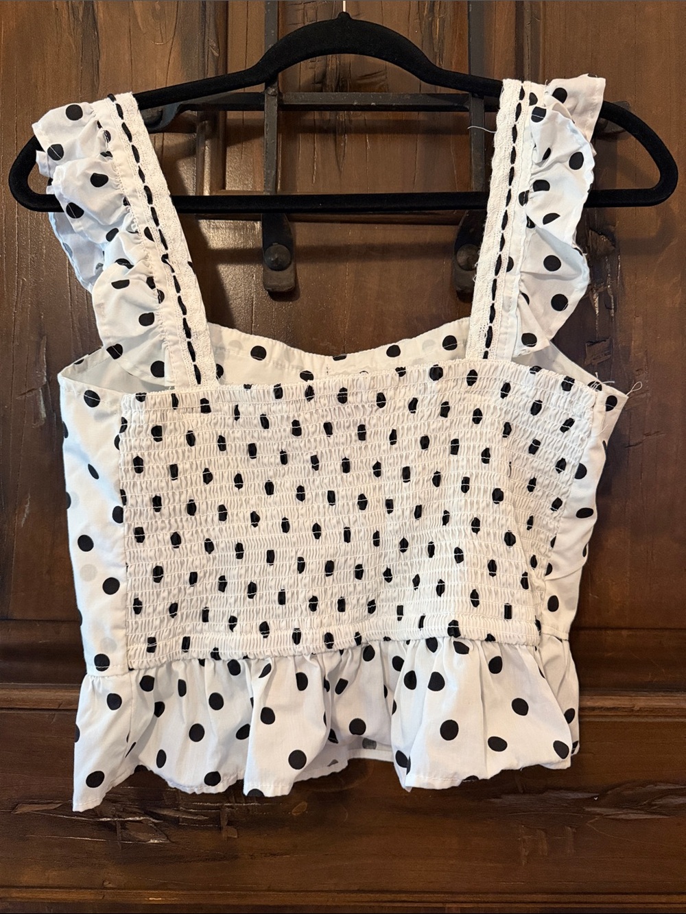 Polka Dot Ruffle Strap Crop Top in White and Black - Picture 3 of 4